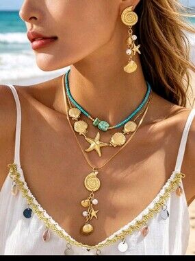 BRAND NEW ** Gold and Turquoise Layered Sea Charm Necklace Set